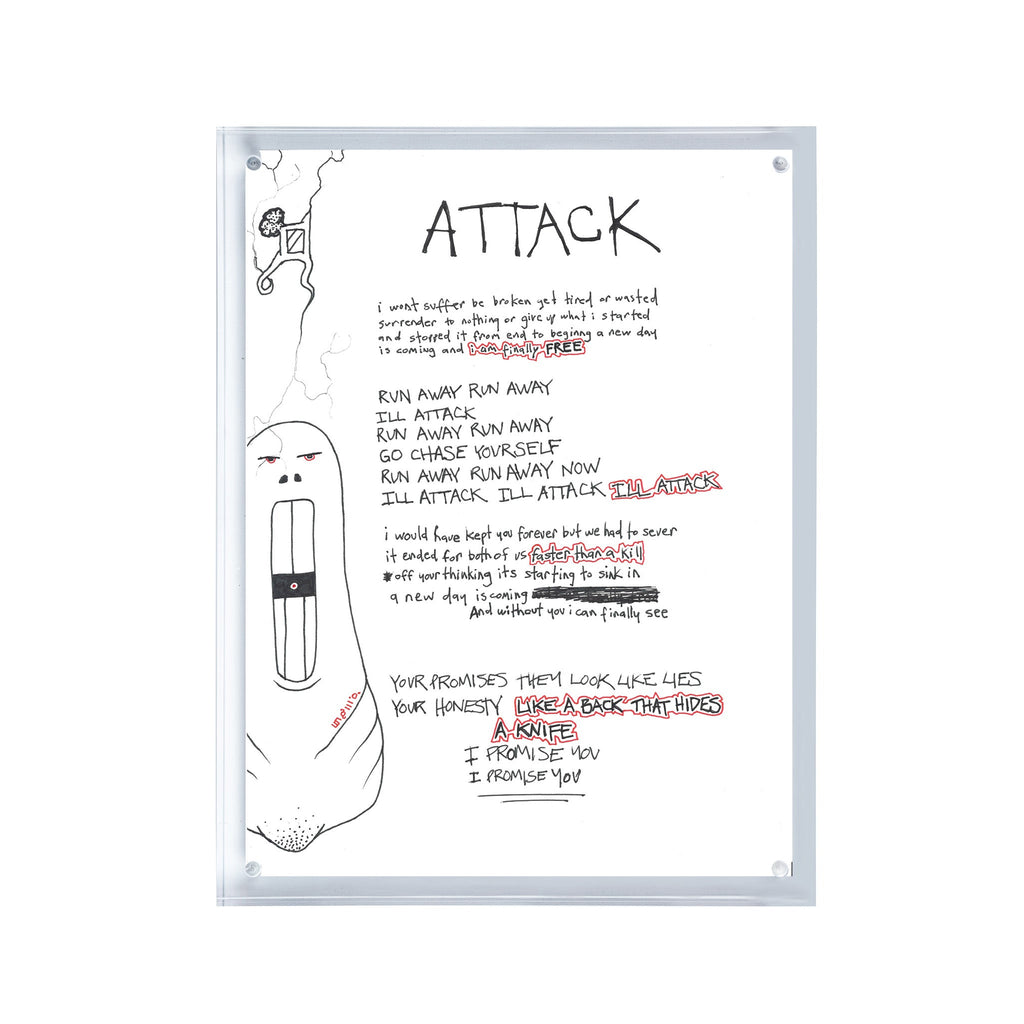 A framed collector’s display featuring the original handwritten lyrics to “Attack.”