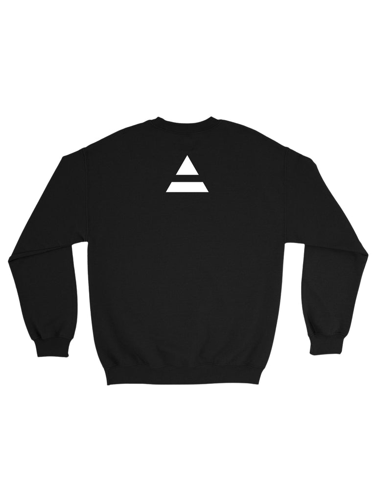 Back flat-lay of the black sweatshirt showing the small white triad logo centered between shoulders.