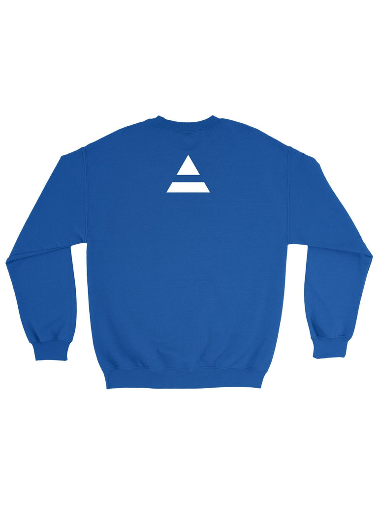 Back flat-lay of the royal blue sweatshirt showing the small white triad logo centered between shoulders.