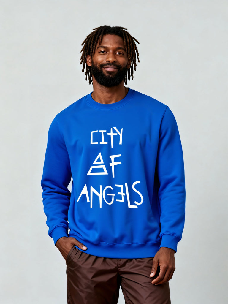 Three-quarter front view of the royal blue City of Angels graphic printed sweatshirt worn by male model.