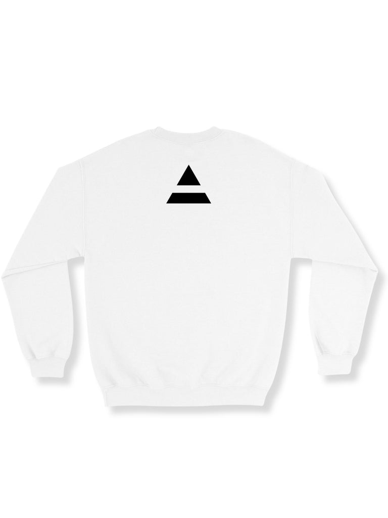Back flat-lay of the white sweatshirt showing the small black triad logo centered between shoulders.