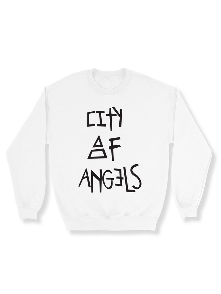 Front flat-lay of the white City of Angels graphic print sweatshirt