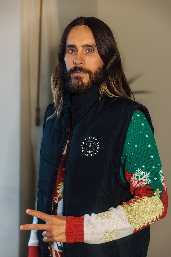 Thirty Seconds To Mars puffer vest on Jared Leto
