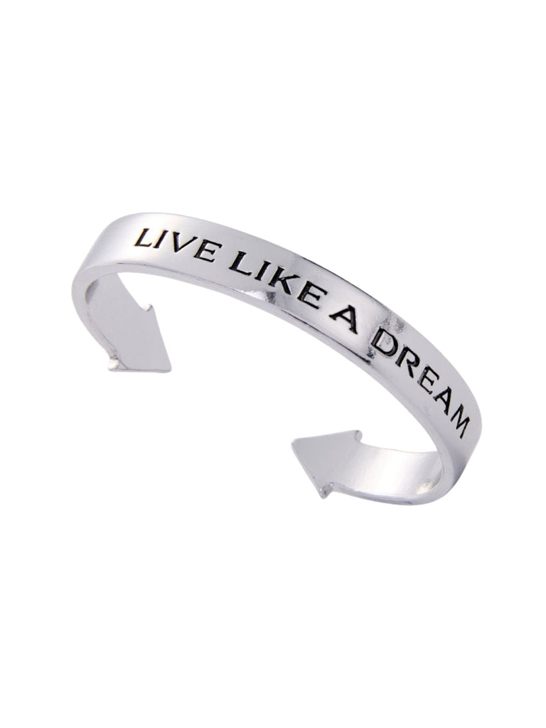 Silver bracelet made with pewter with 'Live Like a Dream' engraving on a white background