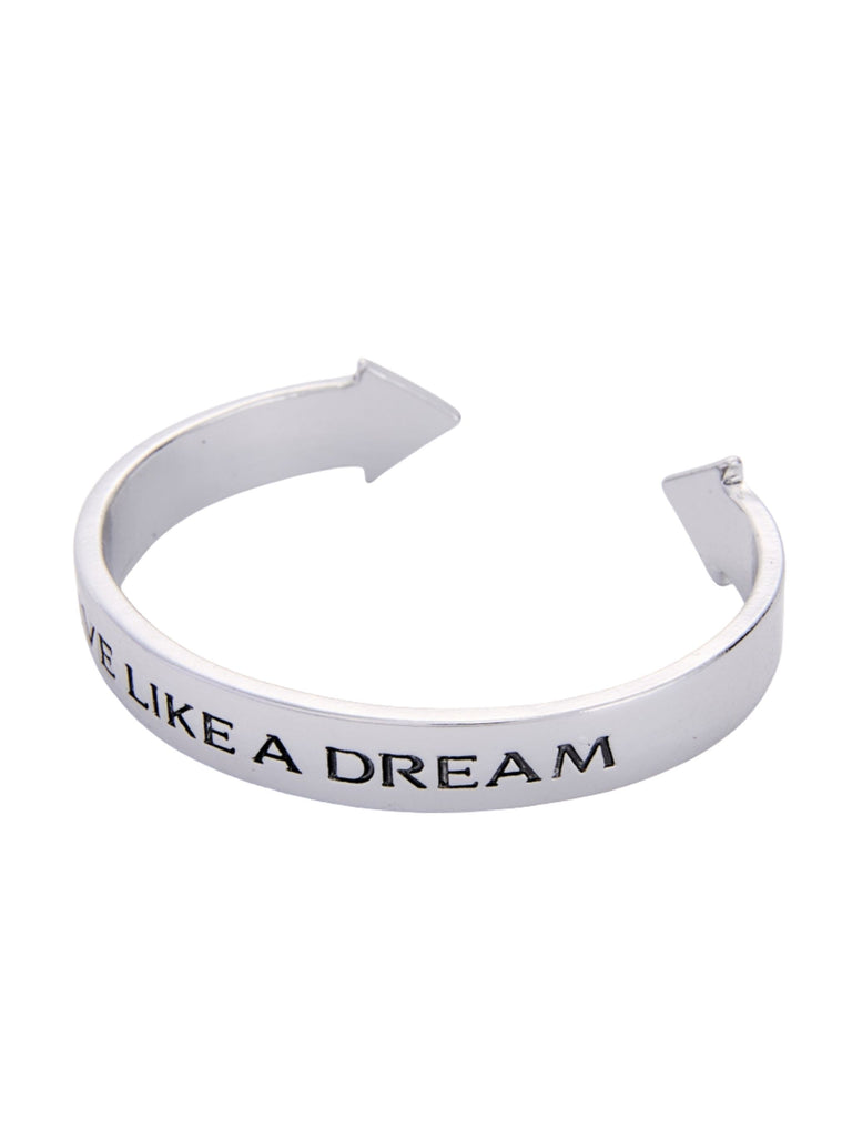 Silver bracelet made with pewter with 'Live Like a Dream' engraving on a white background