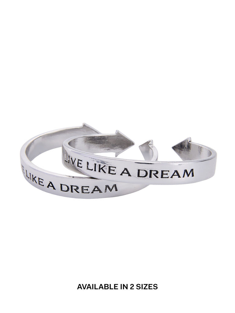 Silver bracelet made with pewter with 'Live Like a Dream' engraving on a white background