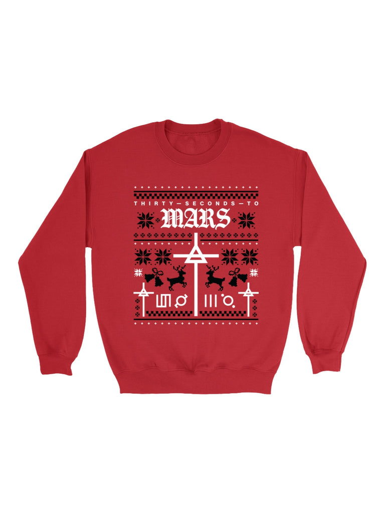 Unisex MARS Holiday Sweatshirt featuring the reimagined MARS glyph in a festive winter design, available in pink, navy, pine, and red.