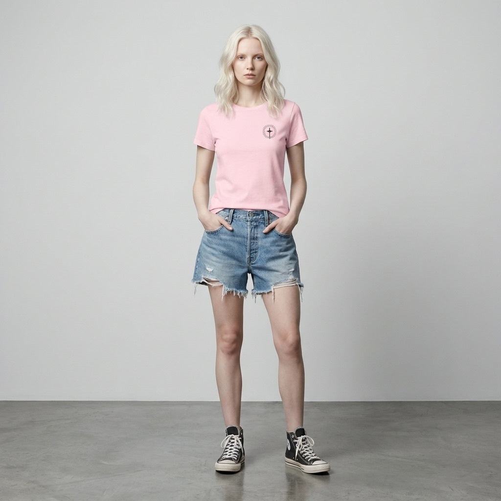 A female model on a clean background wearing the Women's Circular Triad Tee in pink by Thirty Seconds To Mars