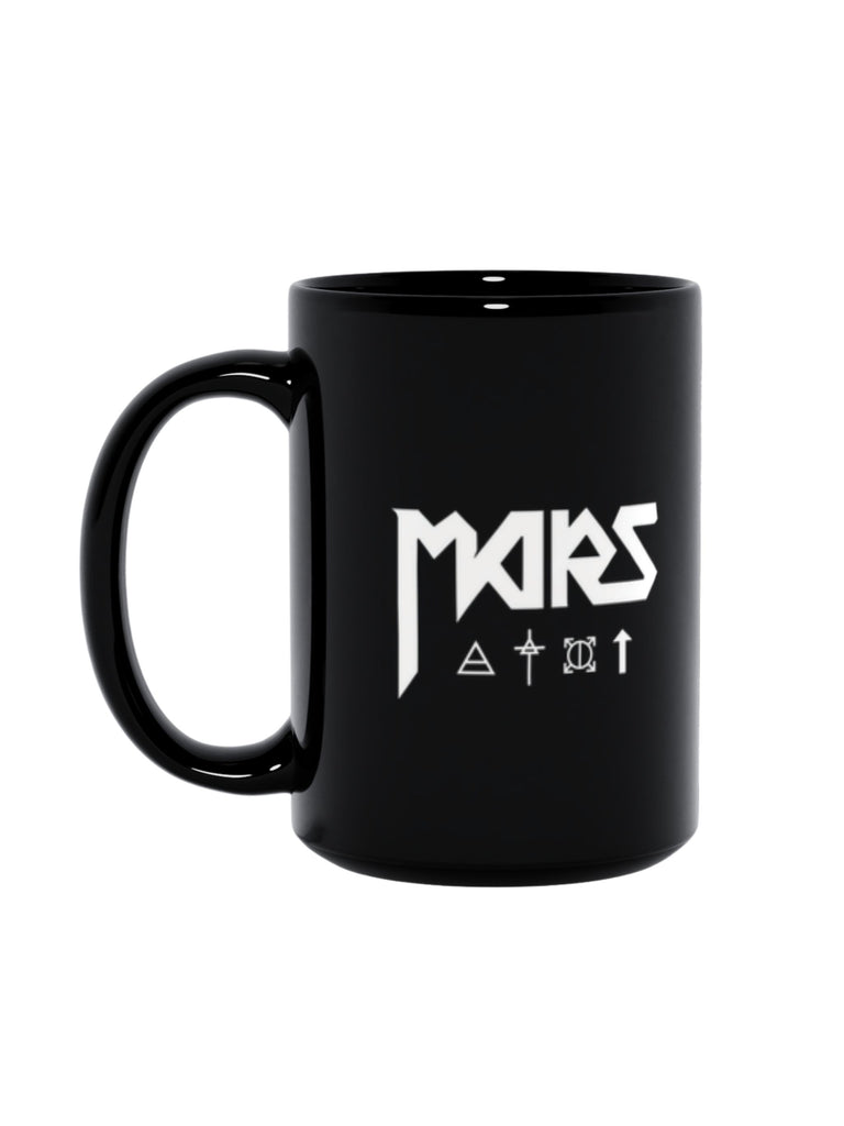 Black mug with bold white text featuring the Thirty Seconds to Mars symbols — perfect for fans of the band and modern rock merchandise.