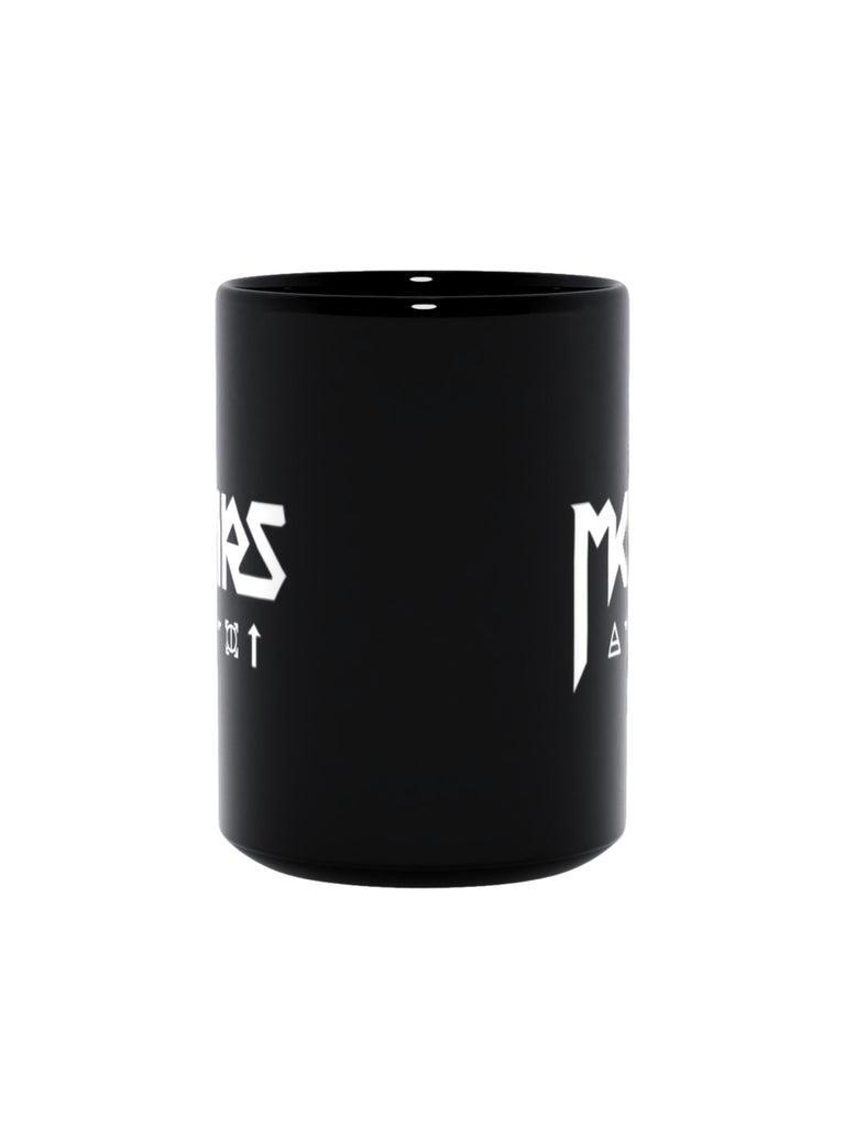 Black mug with bold white text featuring the Thirty Seconds to Mars symbols — perfect for fans of the band and modern rock merchandise.