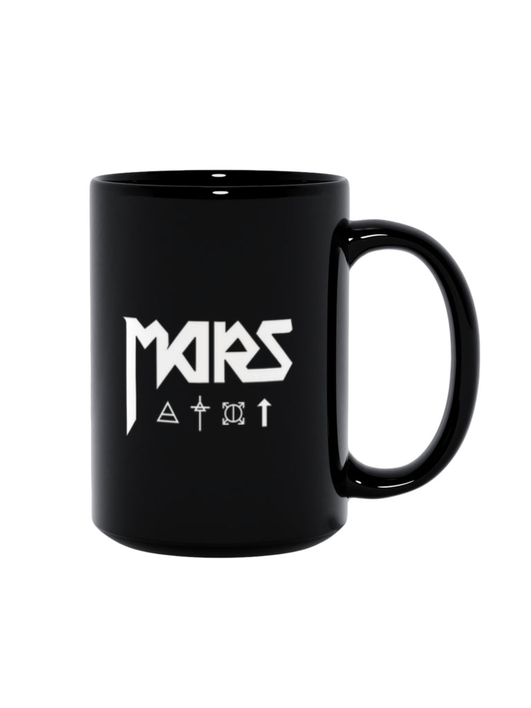 Black mug with bold white text featuring the Thirty Seconds to Mars symbols — perfect for fans of the band and modern rock merchandise.
