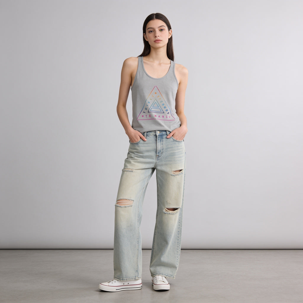 A model on a clean background wearing the Rainbow Stencil Triad Women's Tank by Thirty Seconds To Mars