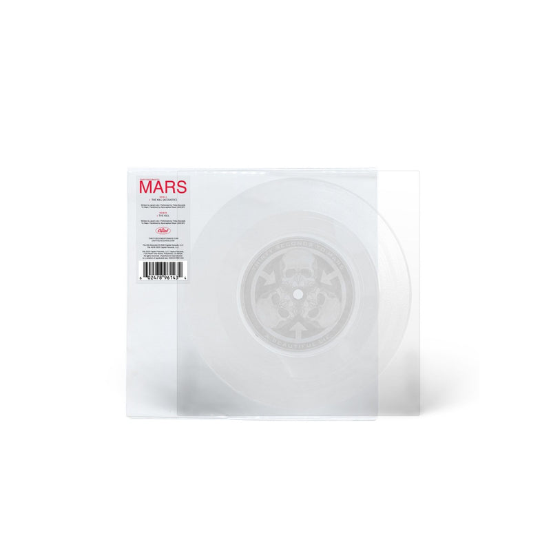 Clear vinyl record with a white sleeve featuring 'MARS' branding on a white background