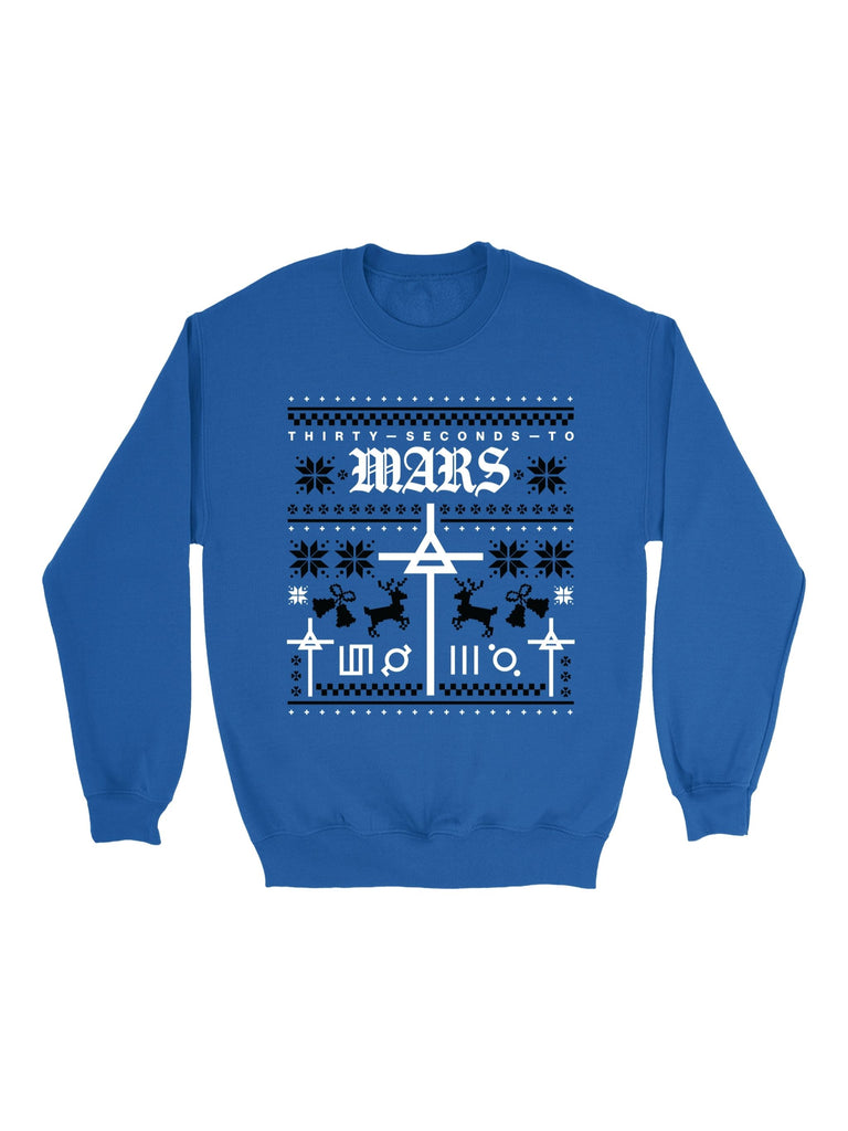 Thirty Seconds to Mars Holiday Sweatshirt in blue and white. Ugly Hanukkah Sweater.