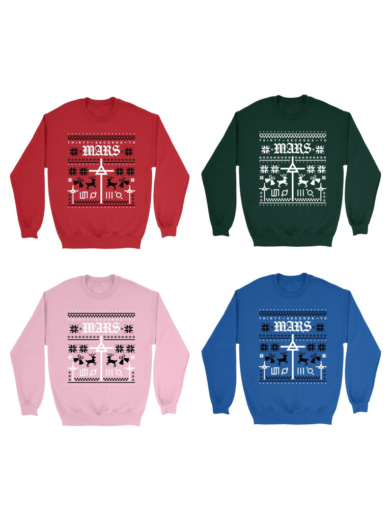 Four sweatshirts in red, green, pink, and blue with 'Thirty Seconds to Mars' and winter design on a white background.