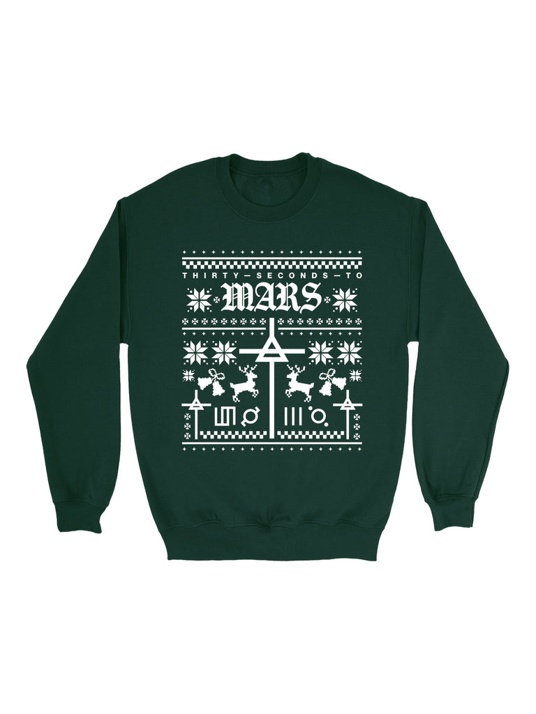 Ugly Christmas sweater for men and women. Green sweatshirt with white pattern and Thirty Seconds to Mars text on a white background.