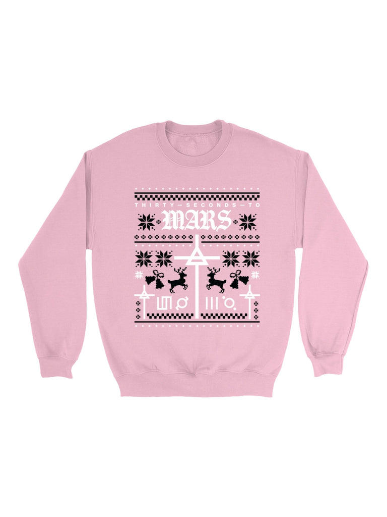 Ugly Christmas Sweater for women. Unisex Thirty Seconds to Mars Holiday Sweatshirt in festive winter design, available in pink, blue, forest green, and red.